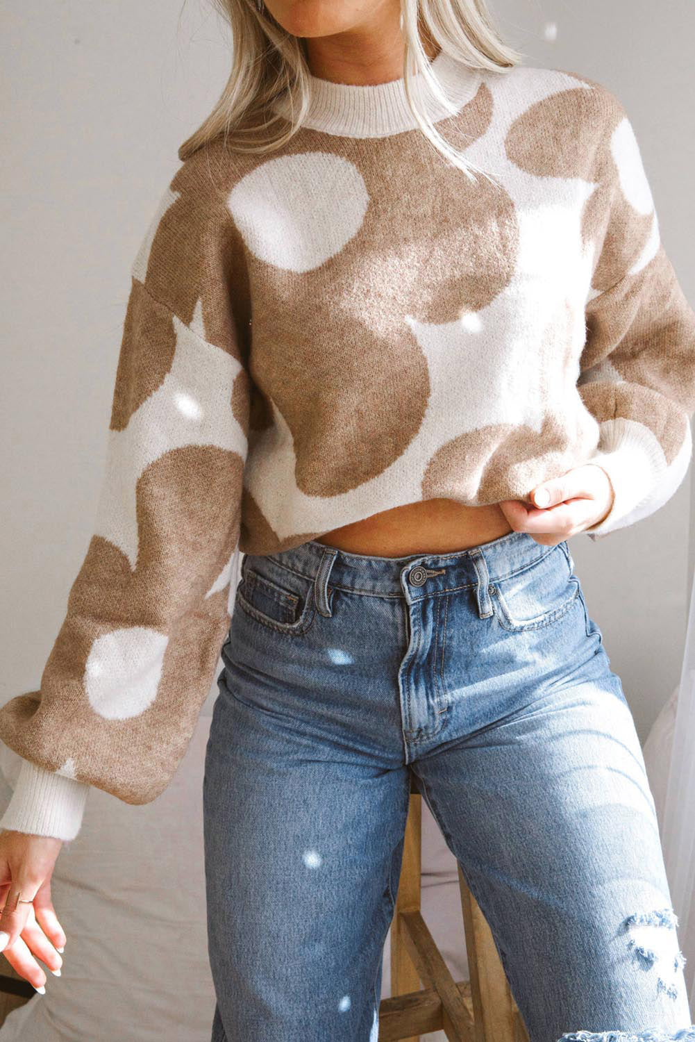 Khaki Floral Pattern Ribbed Trim Pullover Sweater