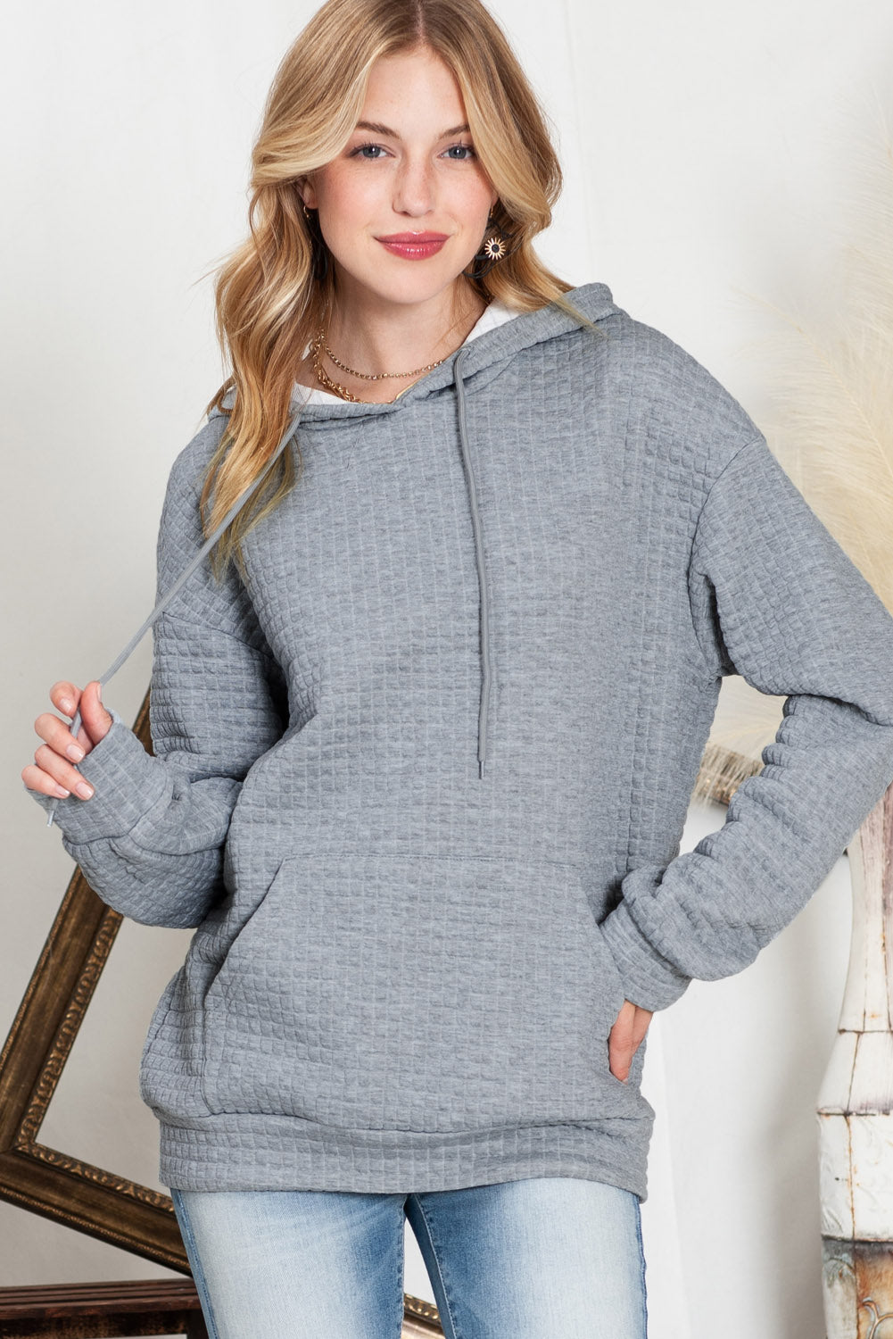 White Lattice Textured Kangaroo Pocket Drawstring Hoodie