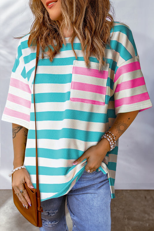 Blue Stripe Patch Pocket Drop Sleeve Slits T Shirt