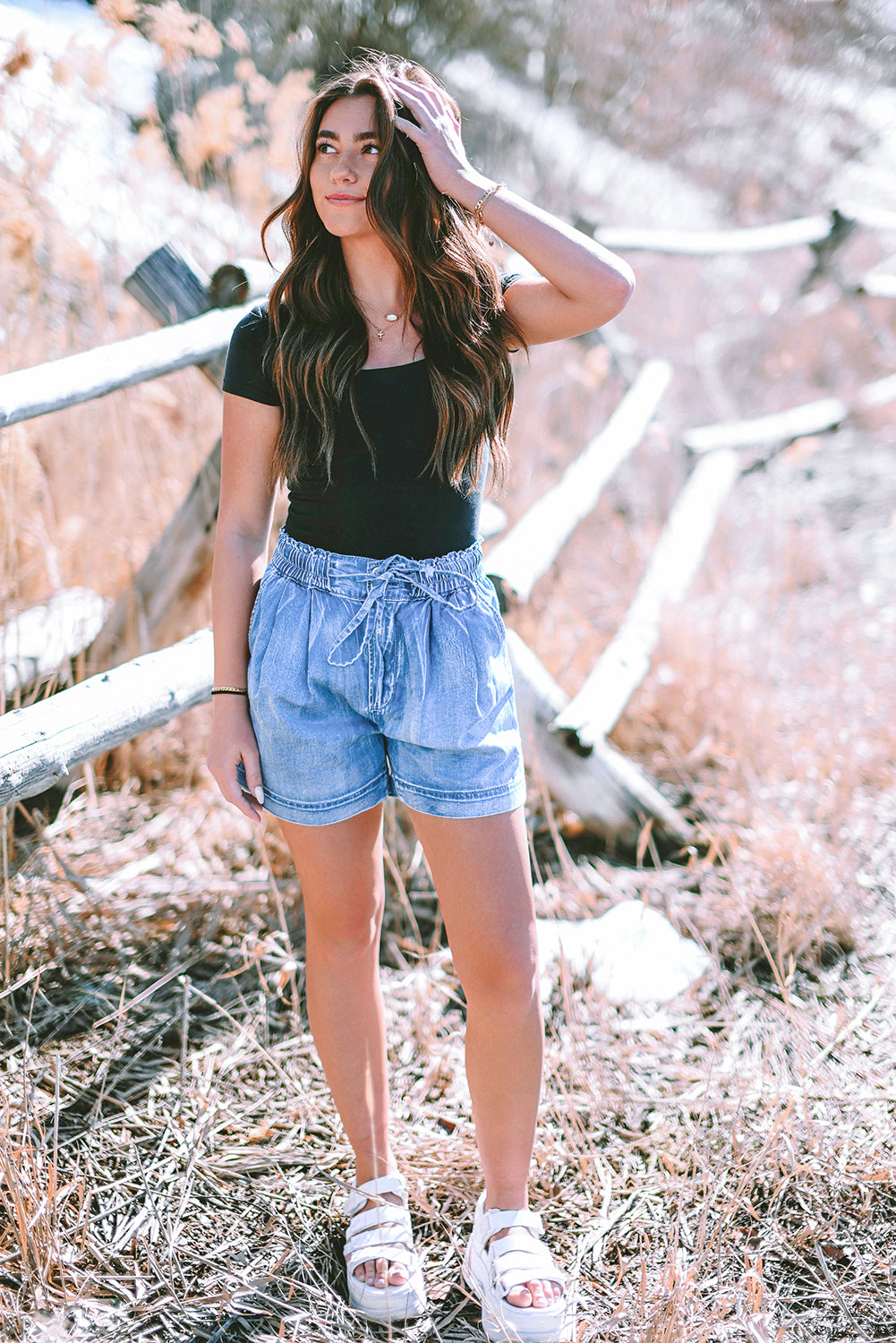 Beau Blue Casual Chambray Drawstring Denim Shorts