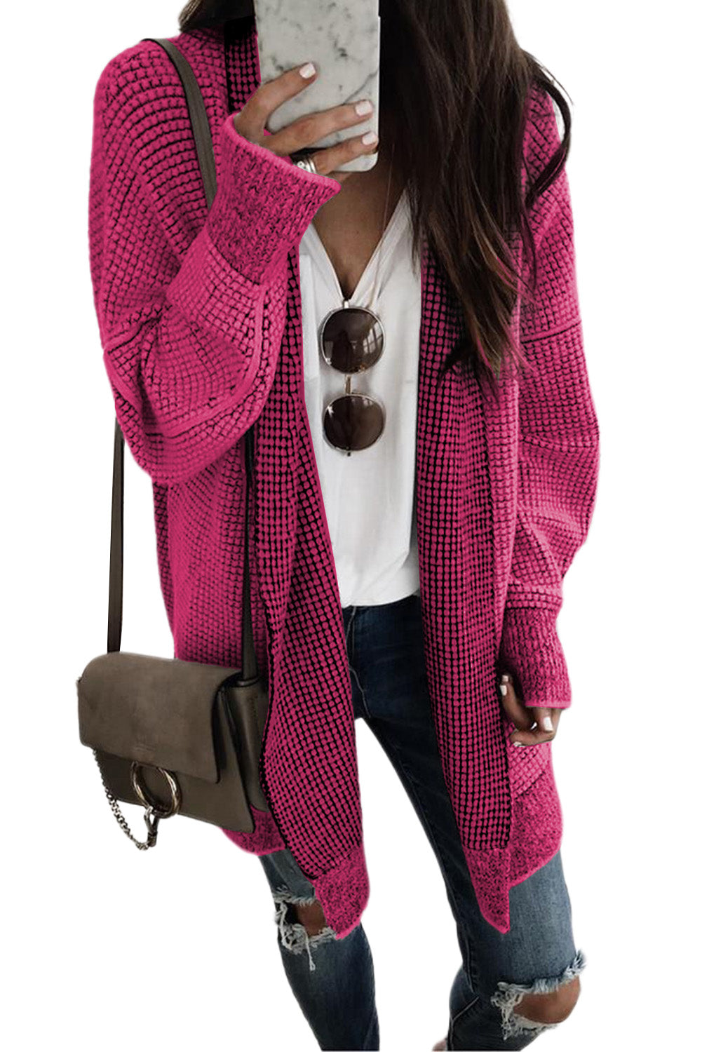 Pink Plaid Contrast Trim Casual Knit Long Cardigan