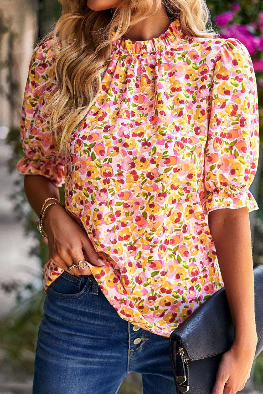 Floral Boho Frill Mock Neck Blouse