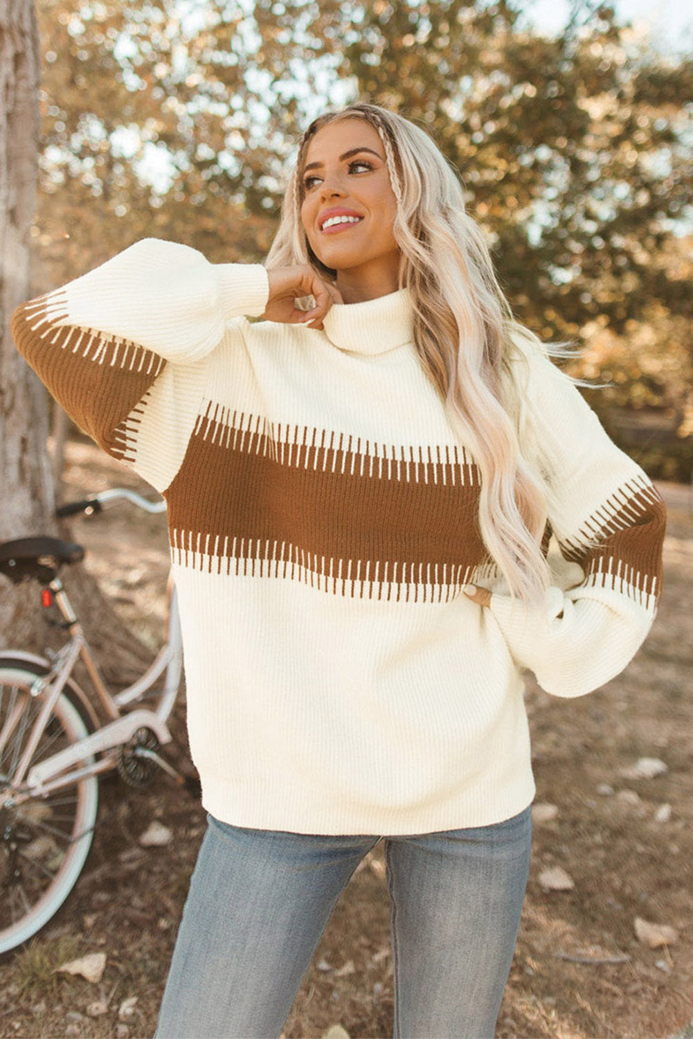 White Ribbed High Neck Bishop Sleeve Sweater