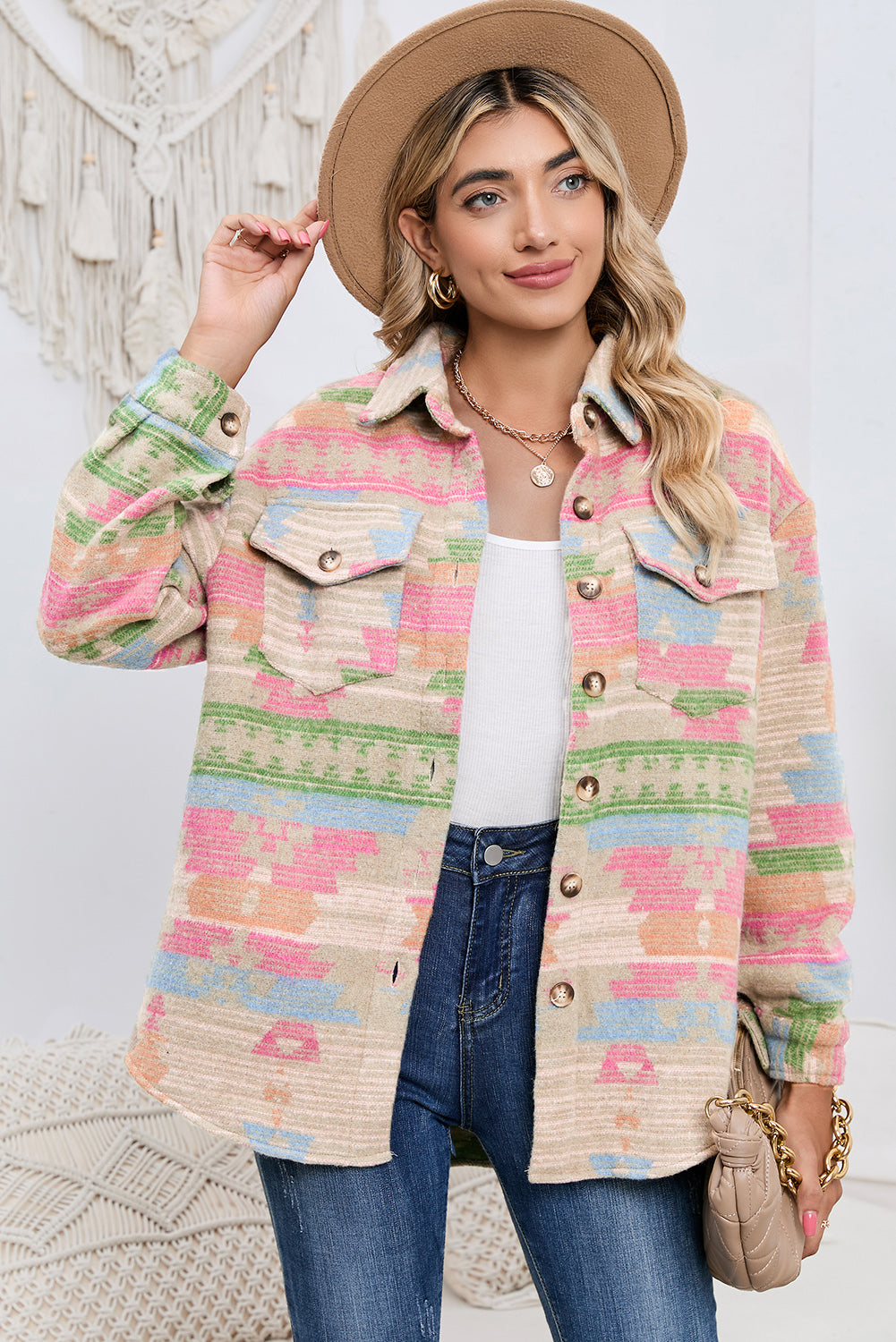 Multicolor Button Up Flap Pockets Aztec Jacket for Women