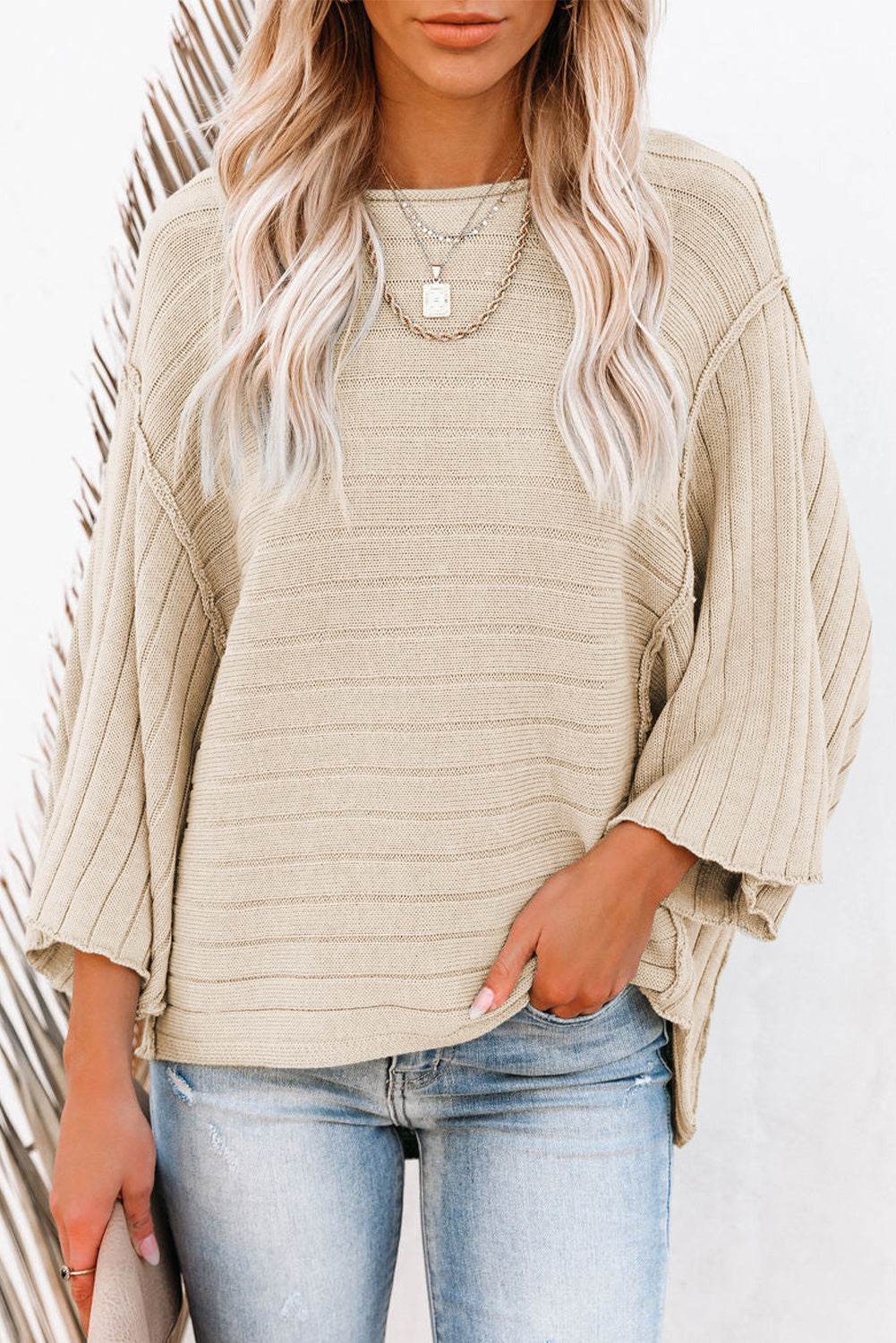 Green Ribbed Knit Bracelet Sleeve Dolman Sweater