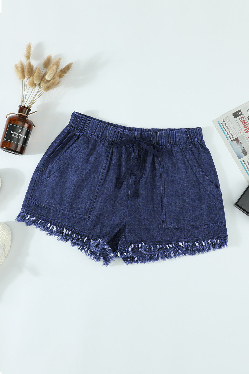 Light Blue Casual Frayed Pocketed Denim Shorts