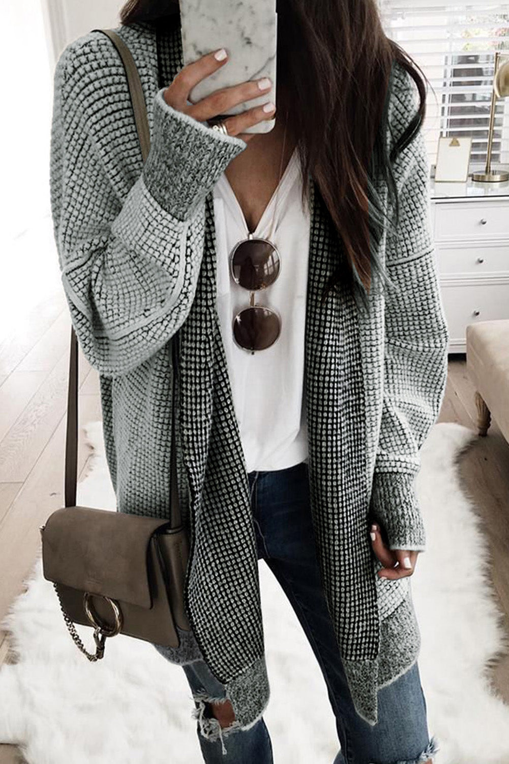 Pink Plaid Contrast Trim Casual Knit Long Cardigan