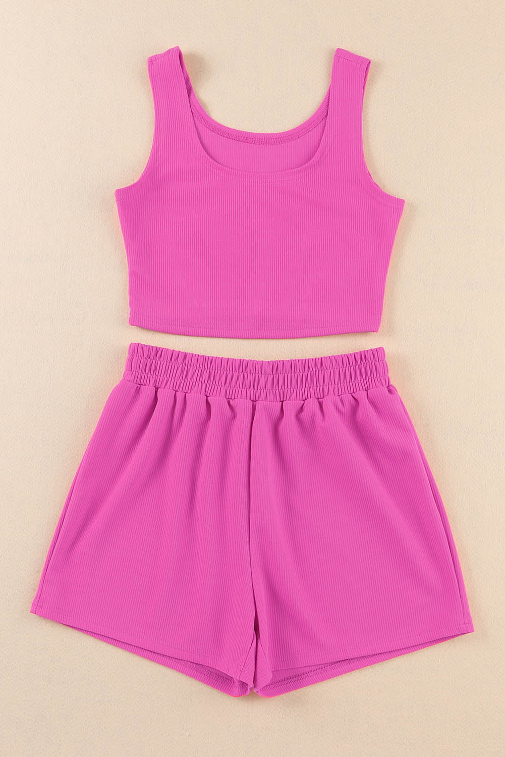 Rose Plain Sleeveless High Waisted Corduroy Two Piece Shorts Set