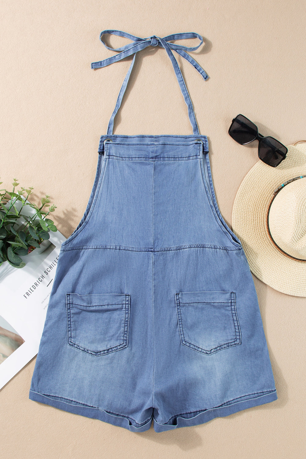 Light Blue Adjustable Knotted Straps Pocketed Denim Overalls