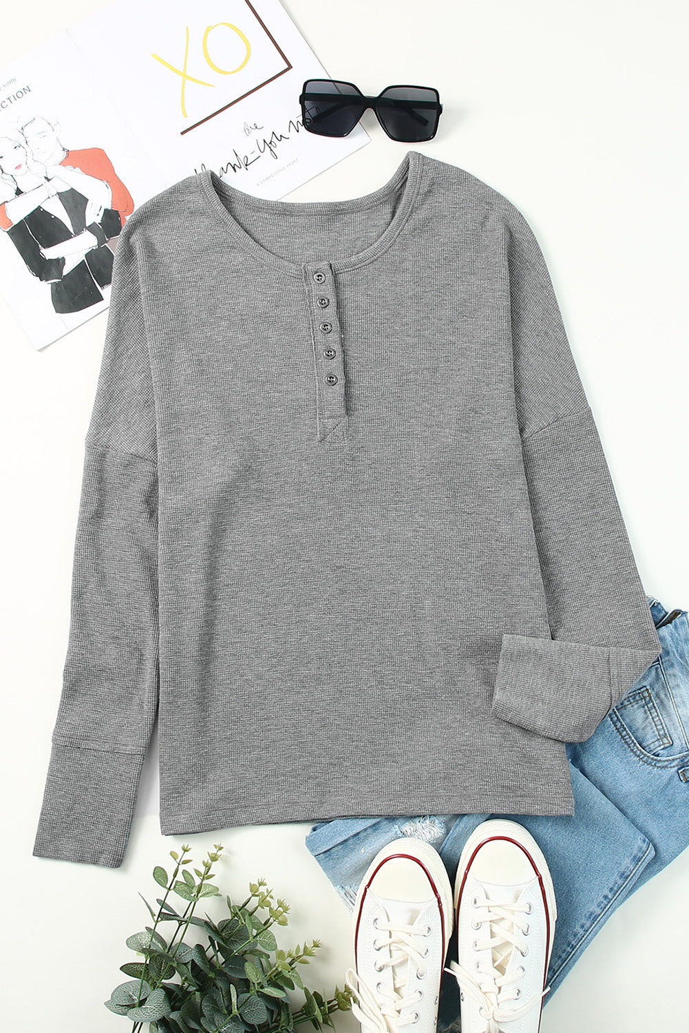 Casual Waffle Button Front Knit Henley Top