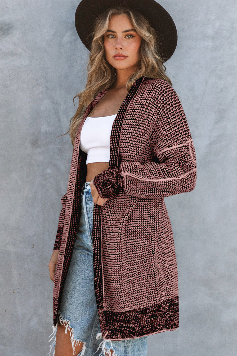 Pink Plaid Contrast Trim Casual Knit Long Cardigan