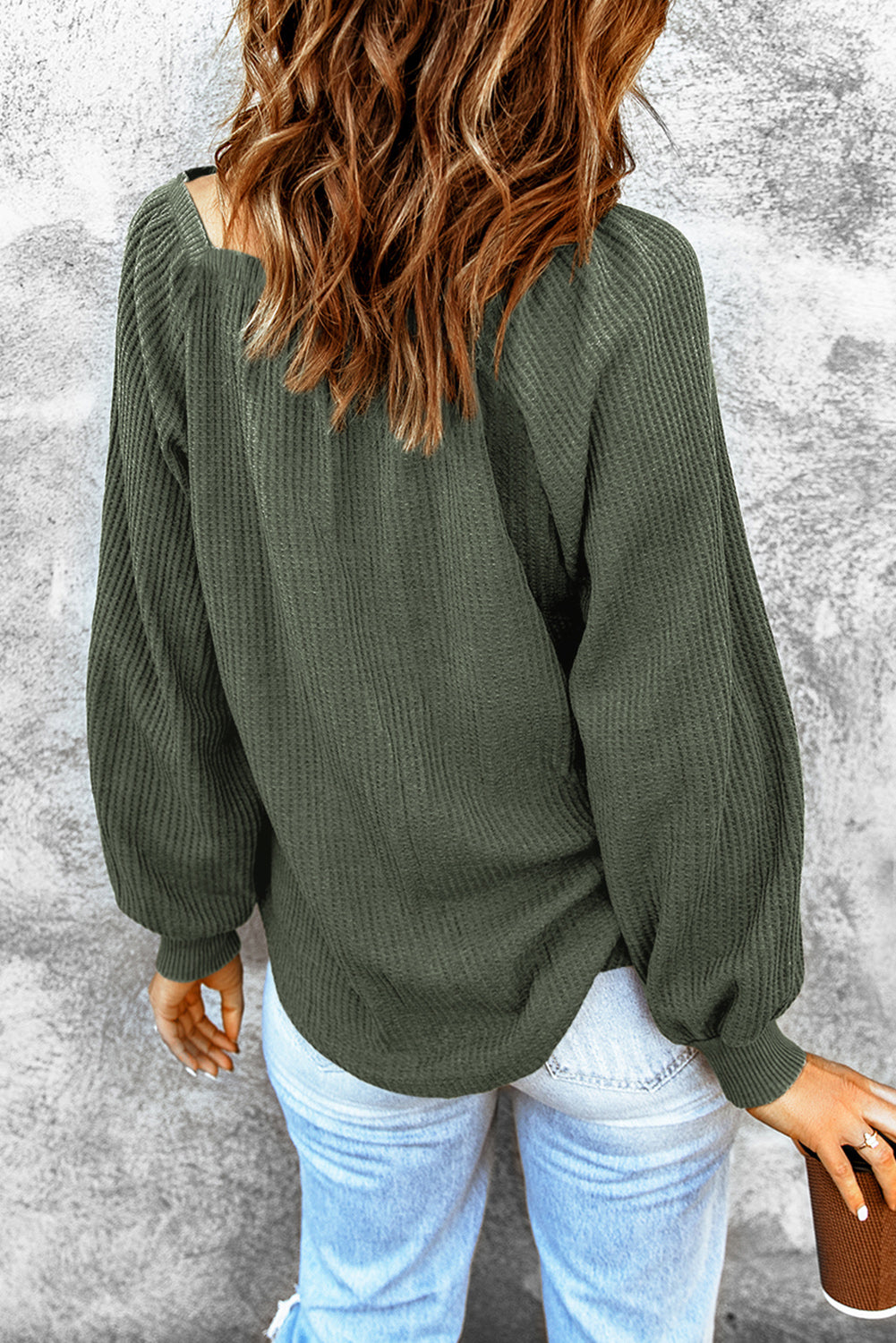 Waffle Texture Casual Square Neck Pullover Top