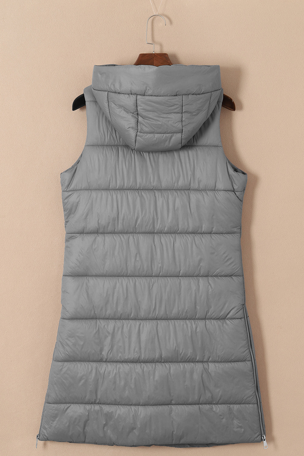 Black Hooded Pocketed Quilted Long Vest Coat