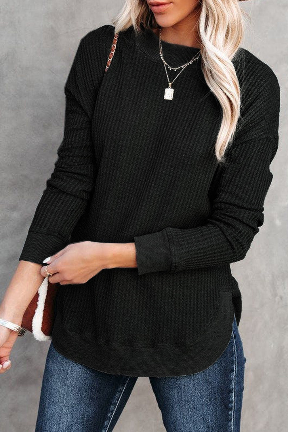 Apricot Crew Neck Ribbed Trim Waffle Knit Long Sleeve Top