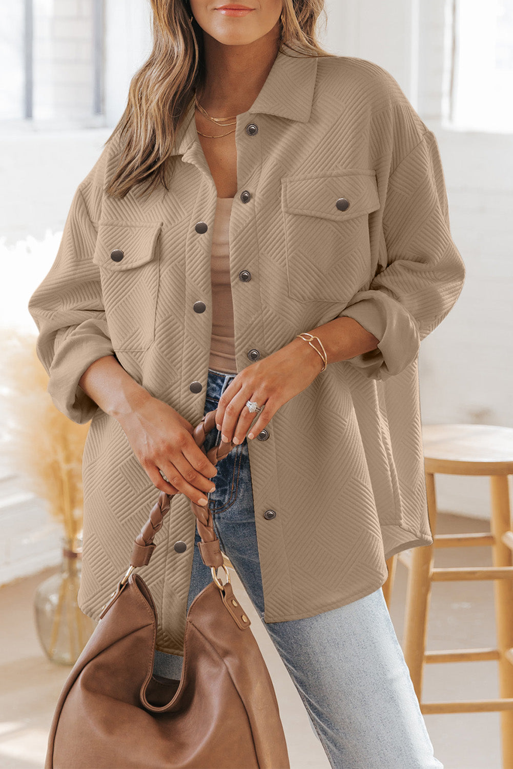 Beige Solid Textured Flap Pocket Buttoned Shacket