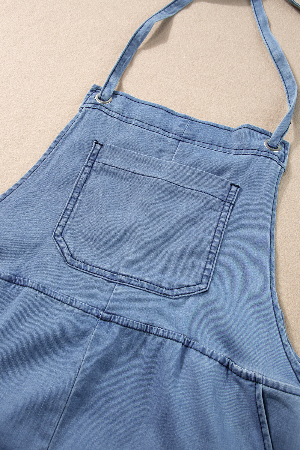 Light Blue Adjustable Knotted Straps Pocketed Denim Overalls