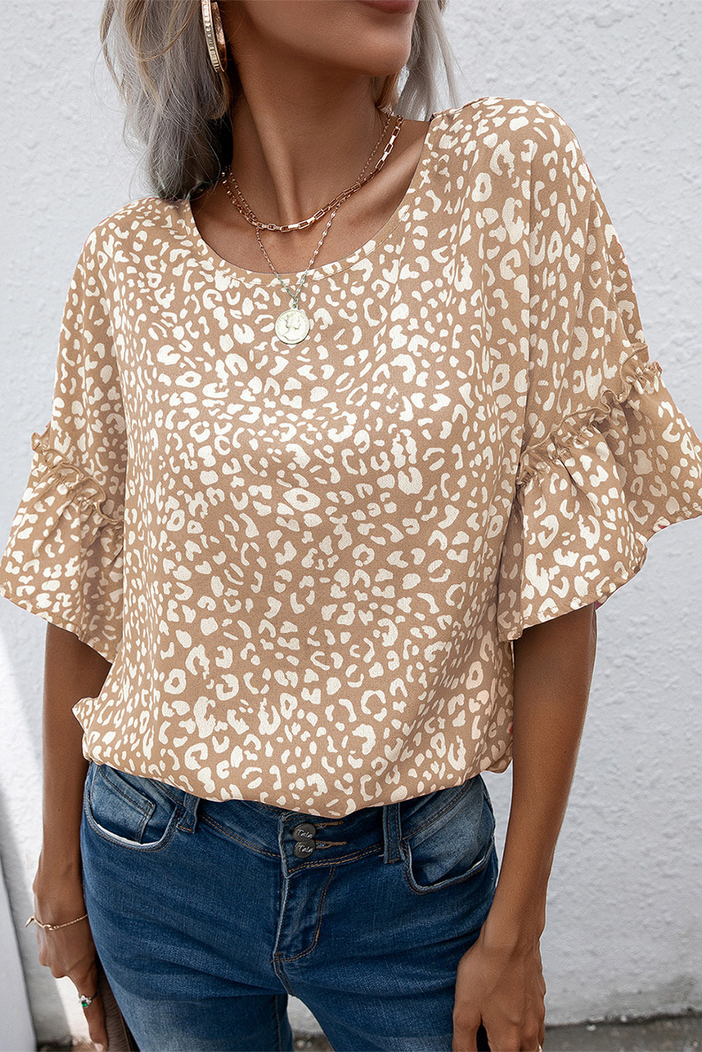 Leopard Print Casual Flounce Sleeve Blouse for Women