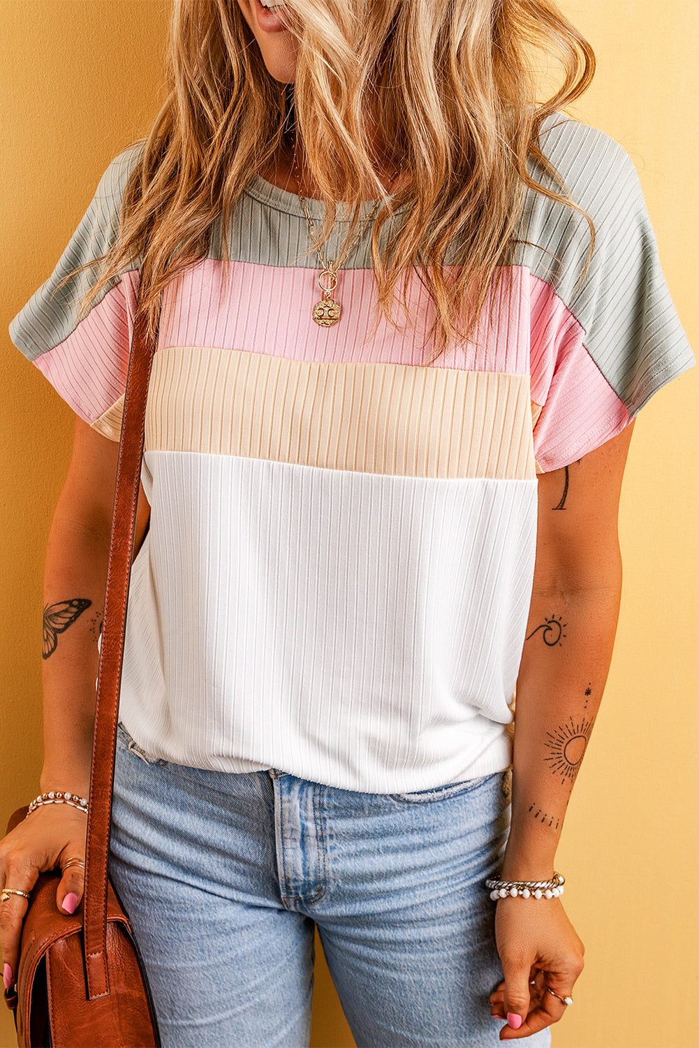 White Ribbed Color Block Patchwork T shirt