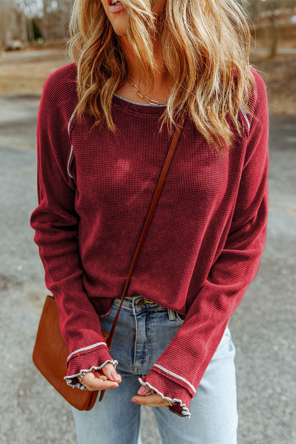 Brown Textured Crewneck Long Sleeve Top