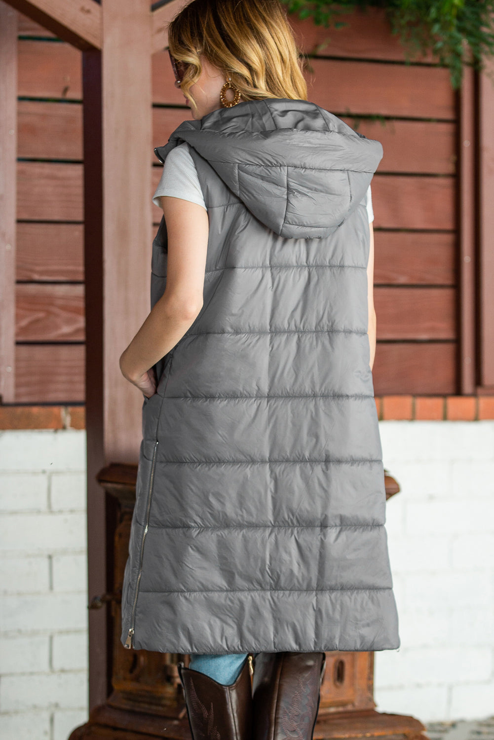 Black Hooded Pocketed Quilted Long Vest Coat