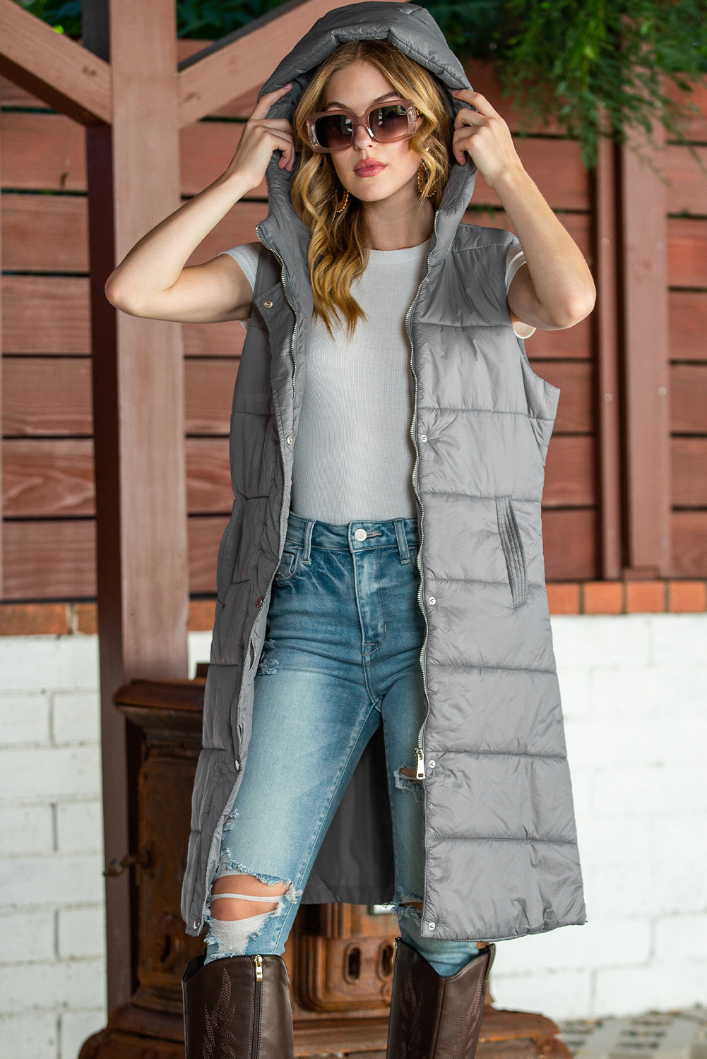 Black Hooded Pocketed Quilted Long Vest Coat