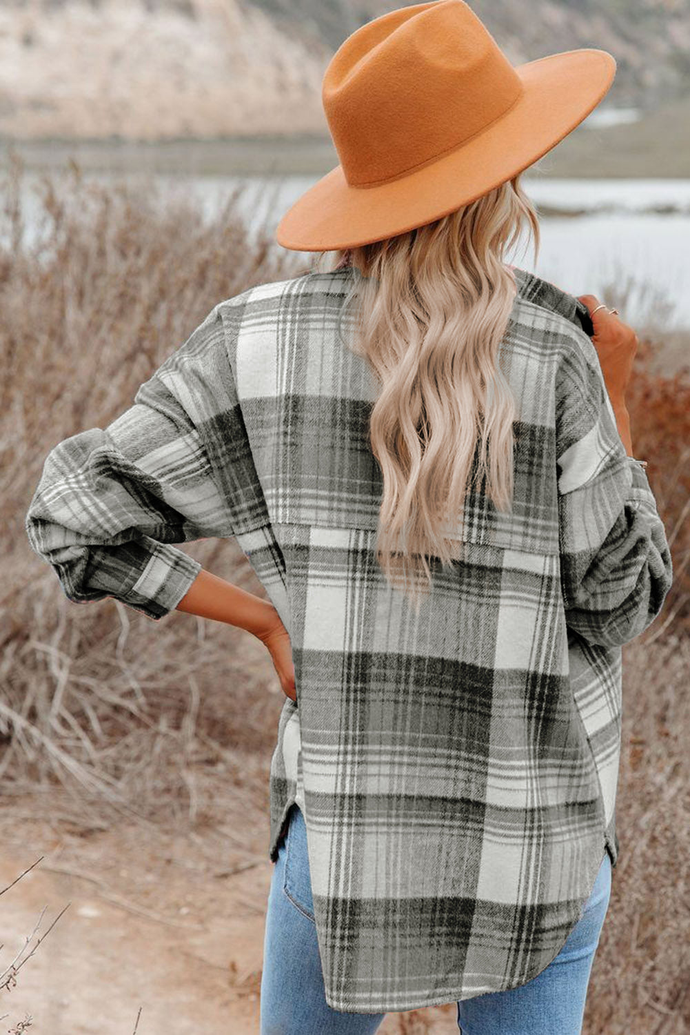 Pink & Grey Plaid Button Up Collared Flannel Shirt