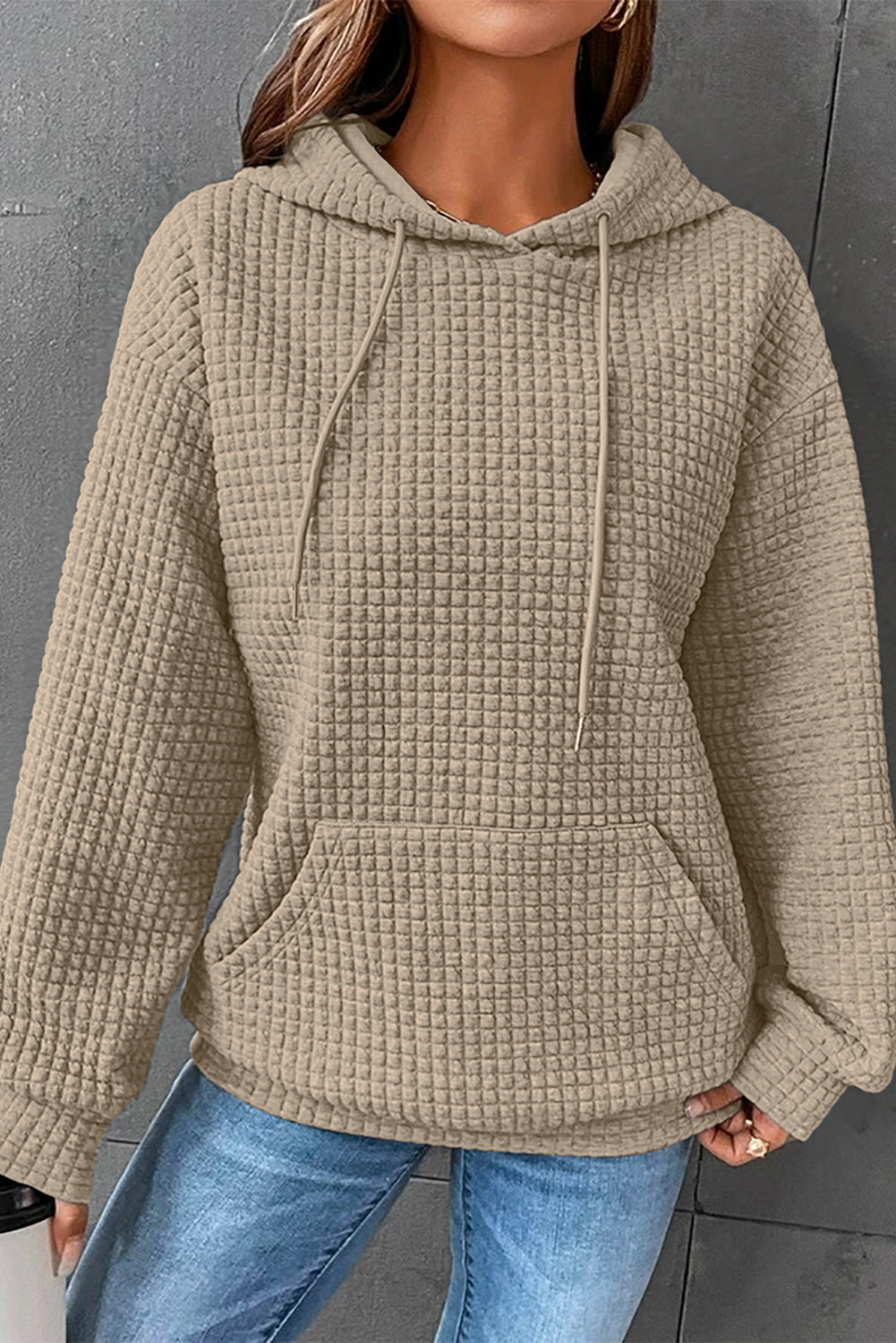 White Lattice Textured Kangaroo Pocket Drawstring Hoodie