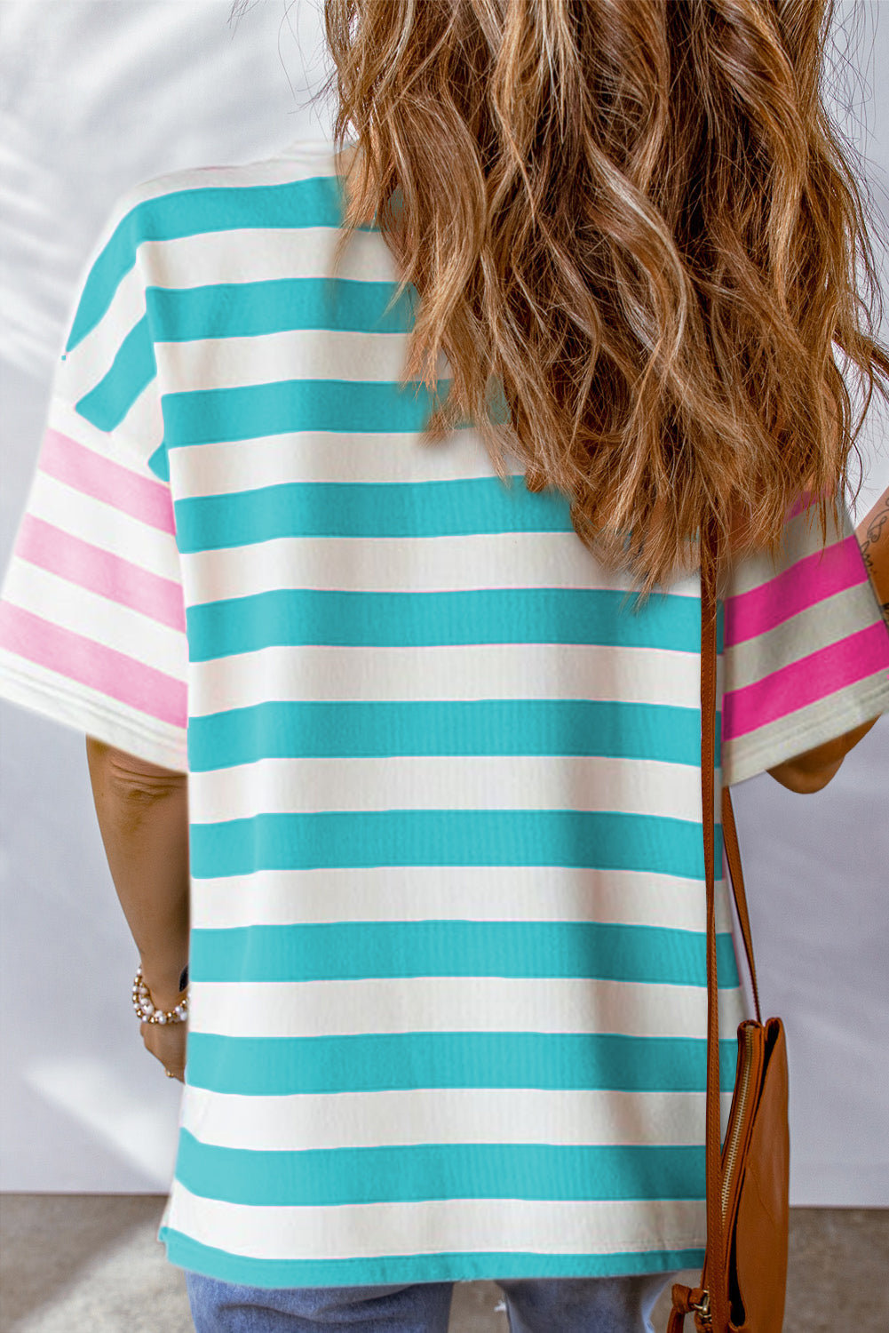 Blue Stripe Patch Pocket Drop Sleeve Slits T Shirt