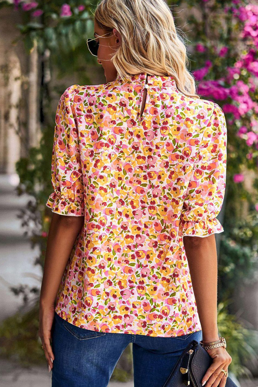 Floral Boho Frill Mock Neck Blouse