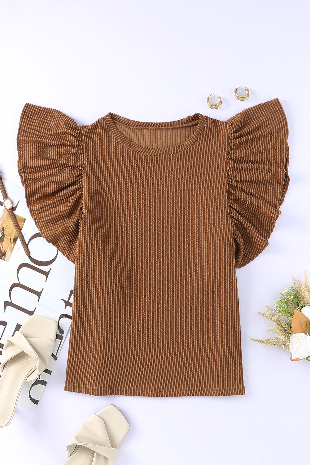 Casual Ruffle Sleeve Round Neck Top