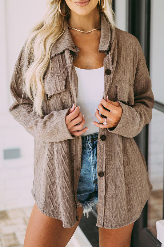 Khaki Casual Textured Button Front Oversized Knit Jacket