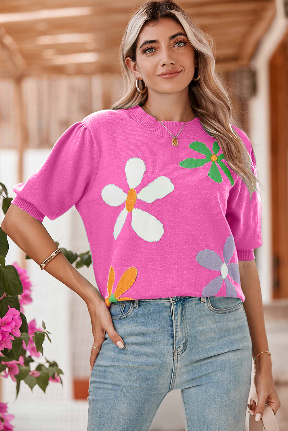 Bright Pink Floral Print Bubble Short Sleeve Knitted Top