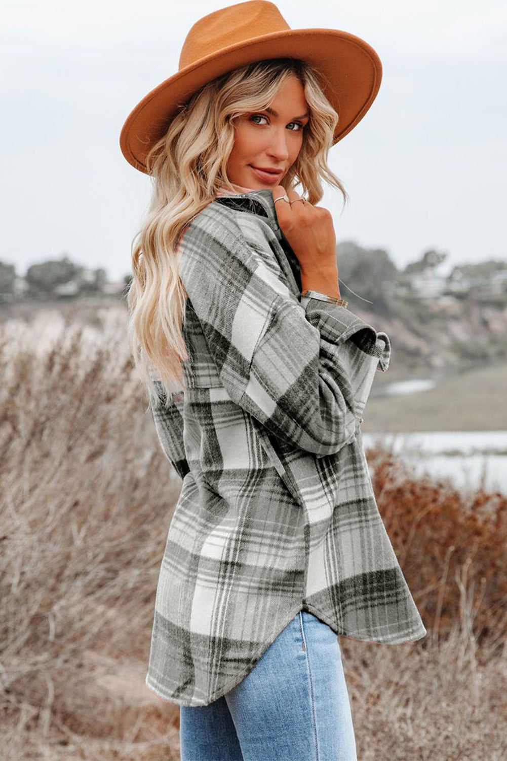 Pink & Grey Plaid Button Up Collared Flannel Shirt