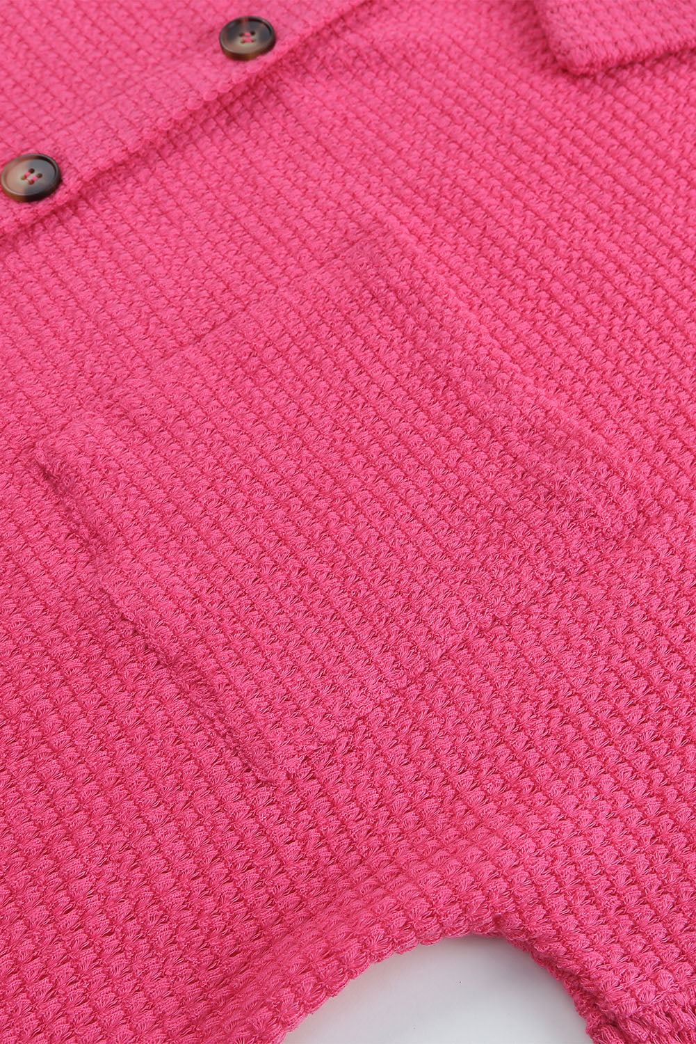 Hot Pink Pocket Buttons Front Waffle Knit Top