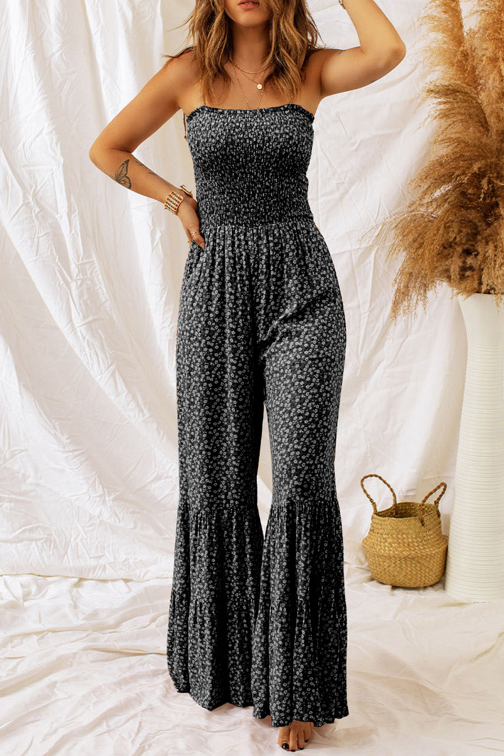 Khaki Floral Thin Straps Smocked Bodice Wide Leg Jumpsuit