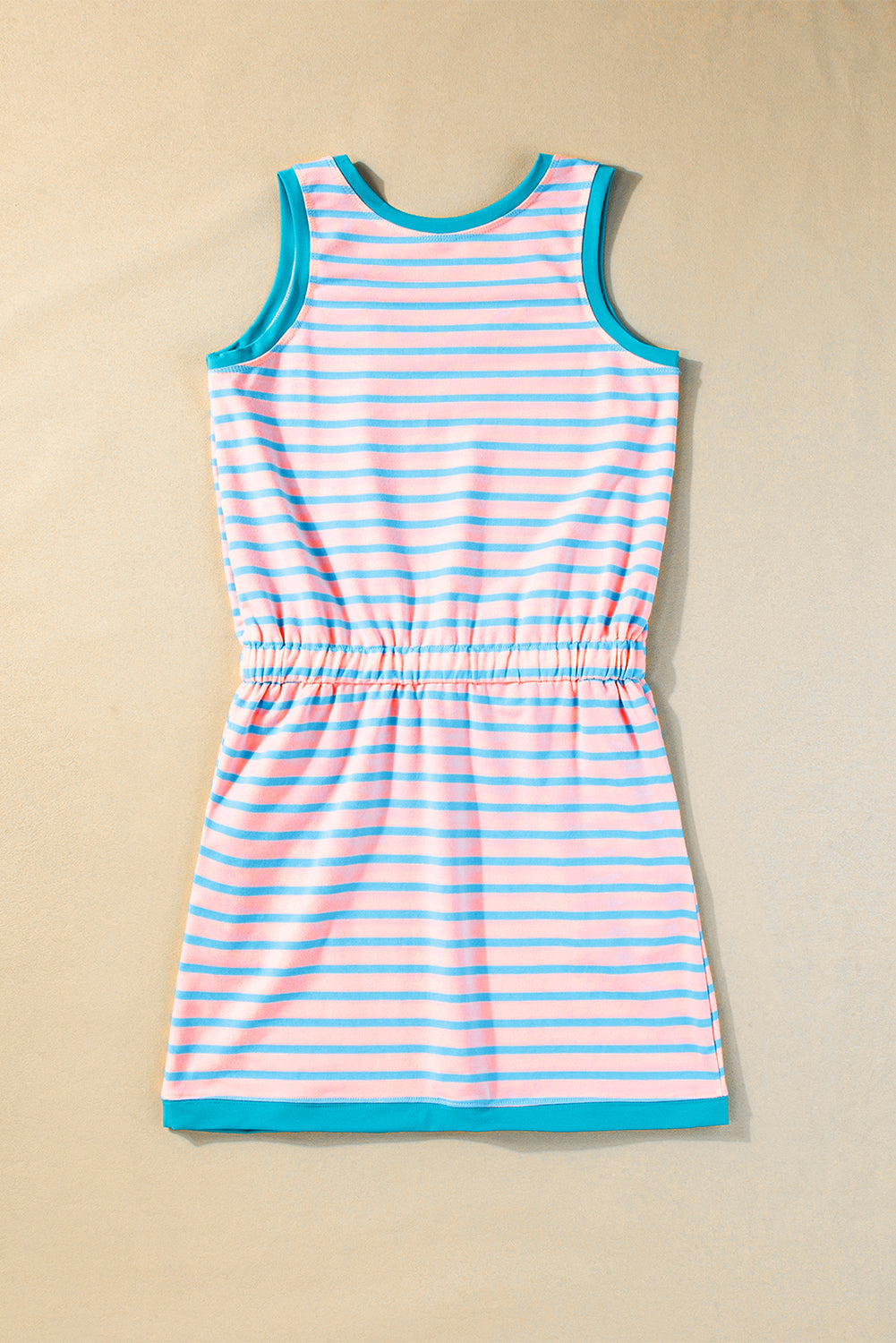 Pink Stripe Contrast Trim Pocket Drawstring Tank Dress