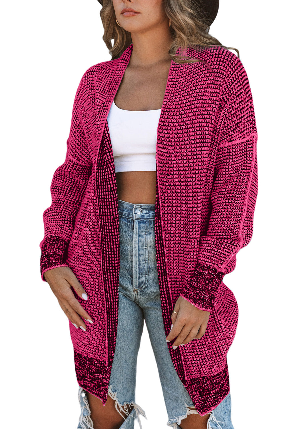 Pink Plaid Contrast Trim Casual Knit Long Cardigan