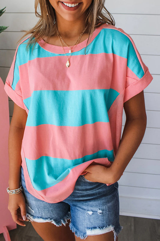 Rose & Blue Colorblock Exposed Seam Tee