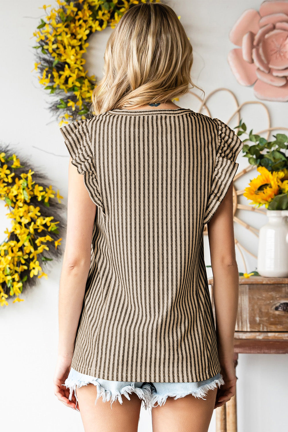 Grey Casual Striped Print Ruffle Summer Top