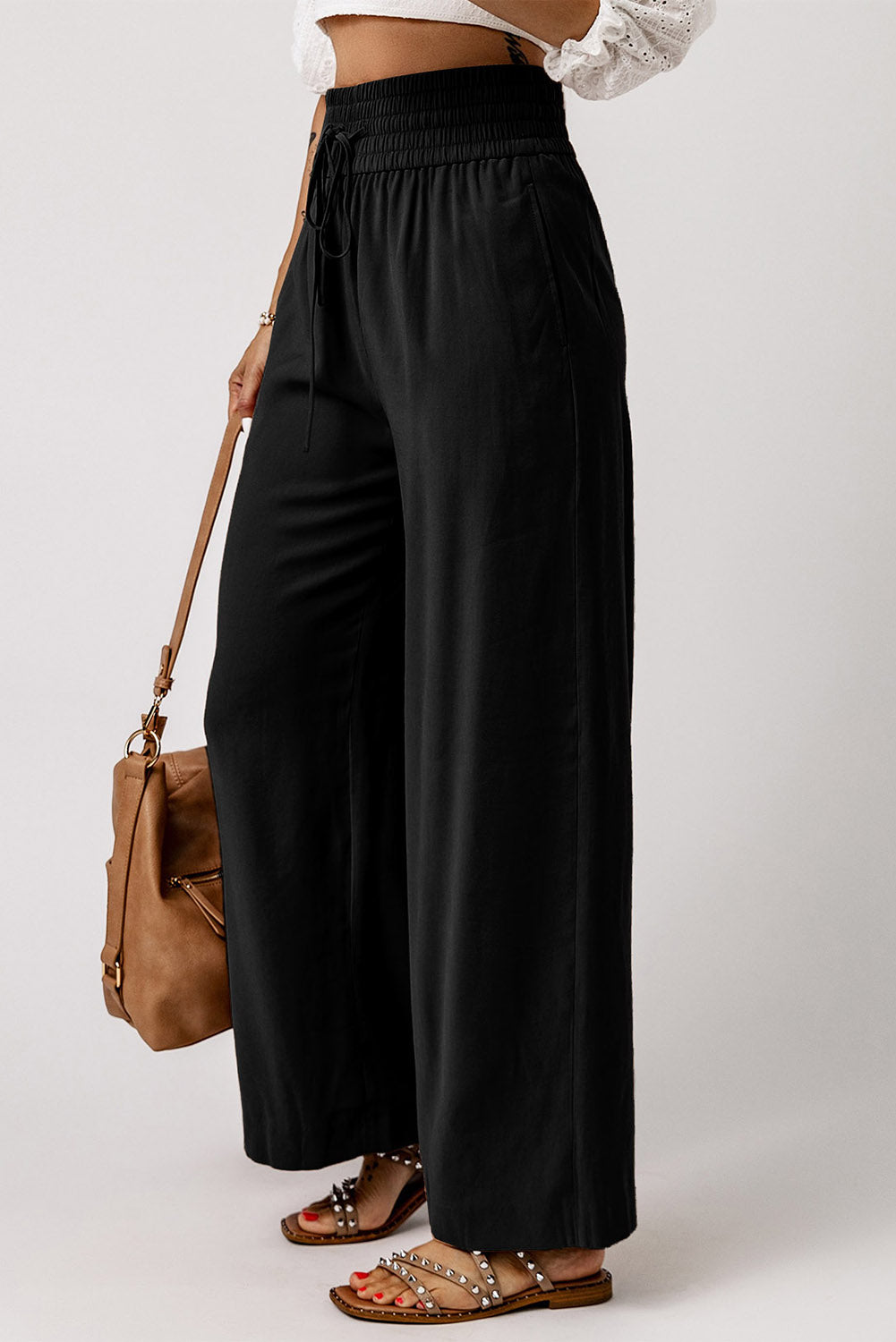 Casual Drawstring Shirred Elastic Waist Wide Leg Pants