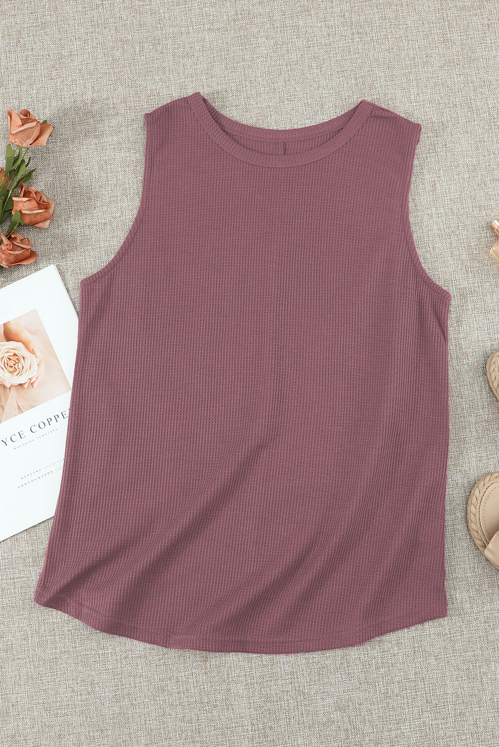 Crew Neck Basic Waffle Tank Top