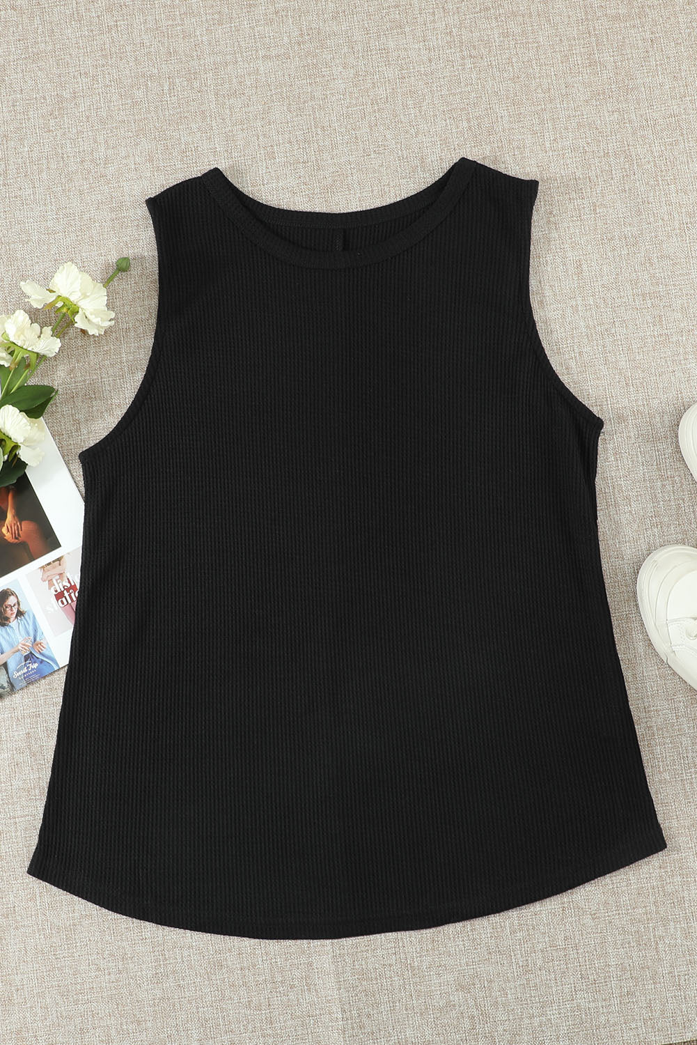 Crew Neck Basic Waffle Tank Top