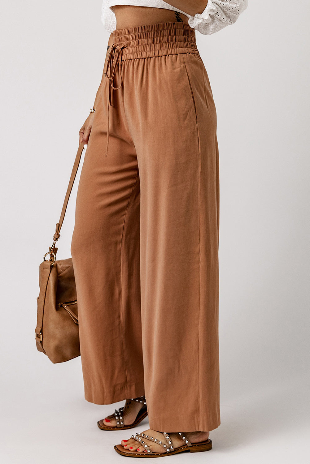 Casual Drawstring Shirred Elastic Waist Wide Leg Pants