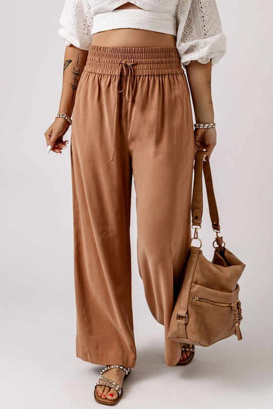 Casual Drawstring Shirred Elastic Waist Wide Leg Pants