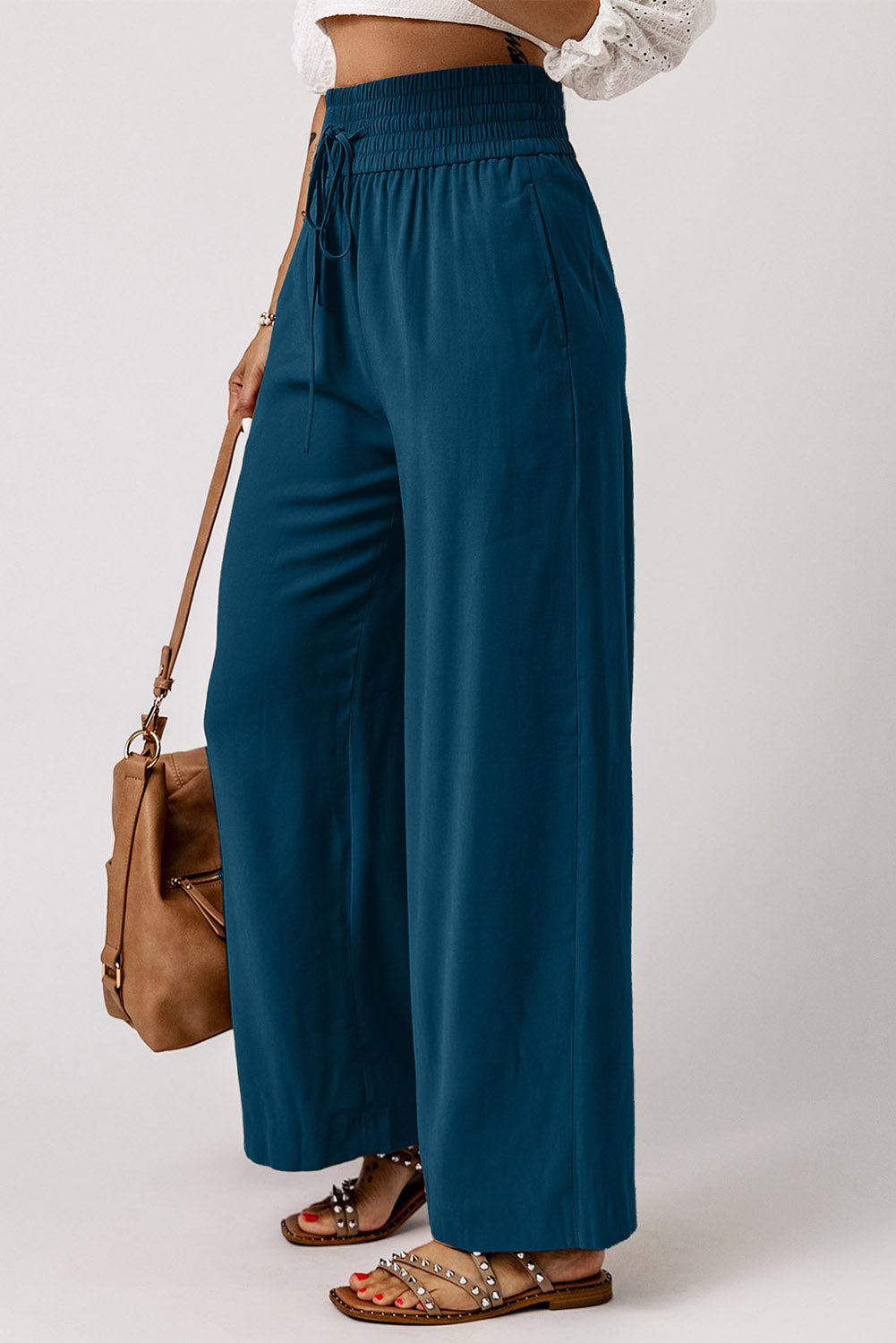 Casual Drawstring Shirred Elastic Waist Wide Leg Pants