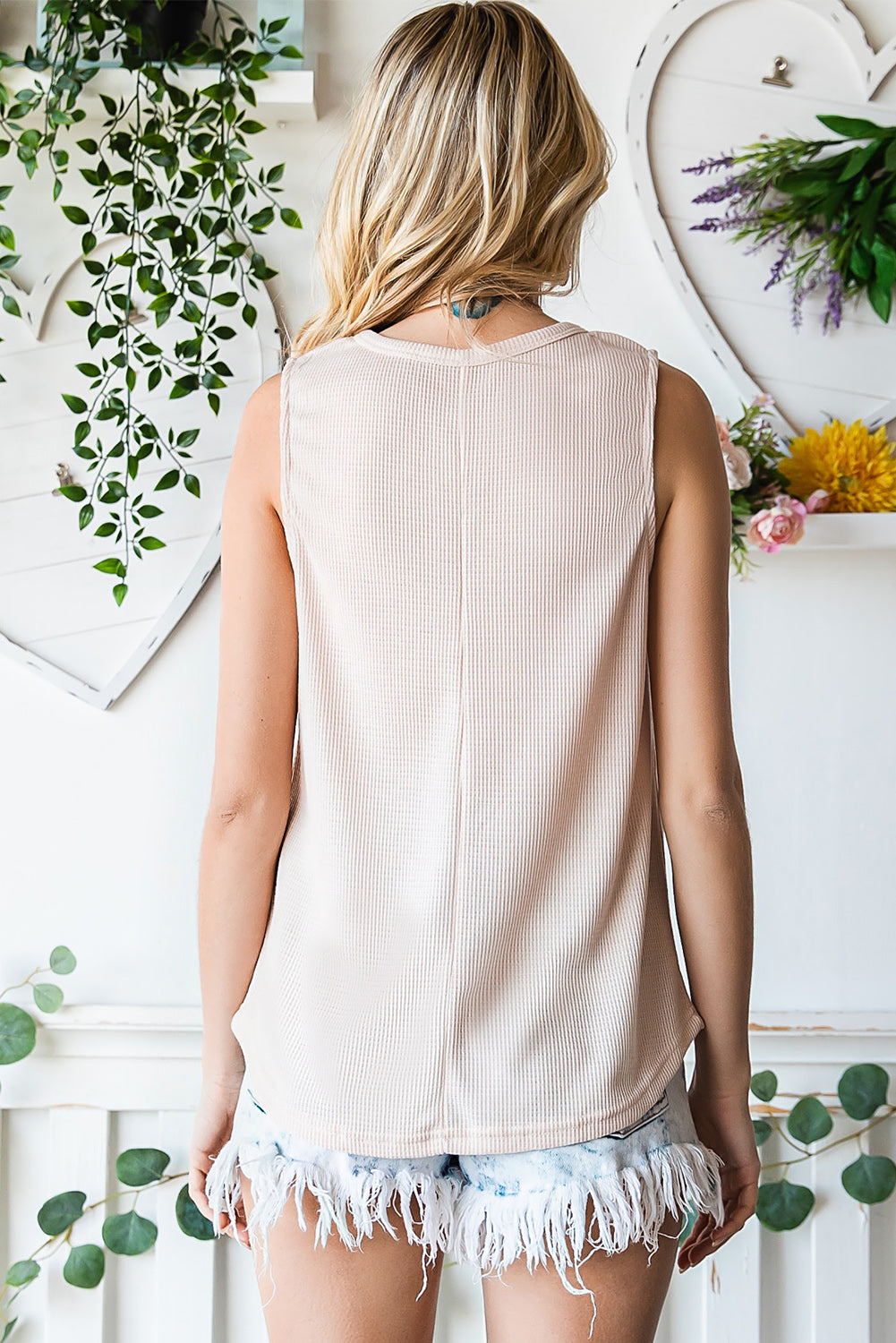 Crew Neck Basic Waffle Tank Top