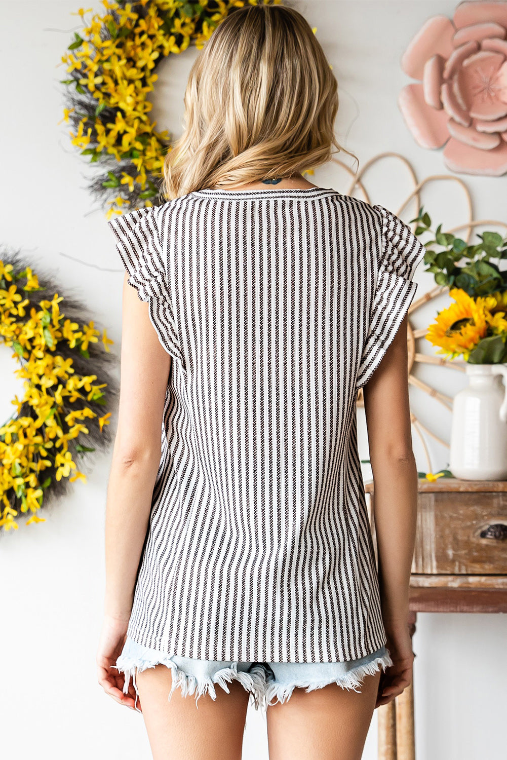 Grey Casual Striped Print Ruffle Summer Top